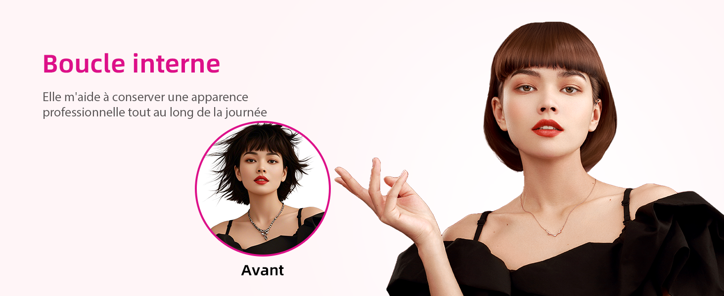 Deux images d'une femme aux cheveux courts et noirs. La plus grande image la montre avec des cheveux coiffés, tandis que la plus petite image « Avant » la montre avec des cheveux en désordre.