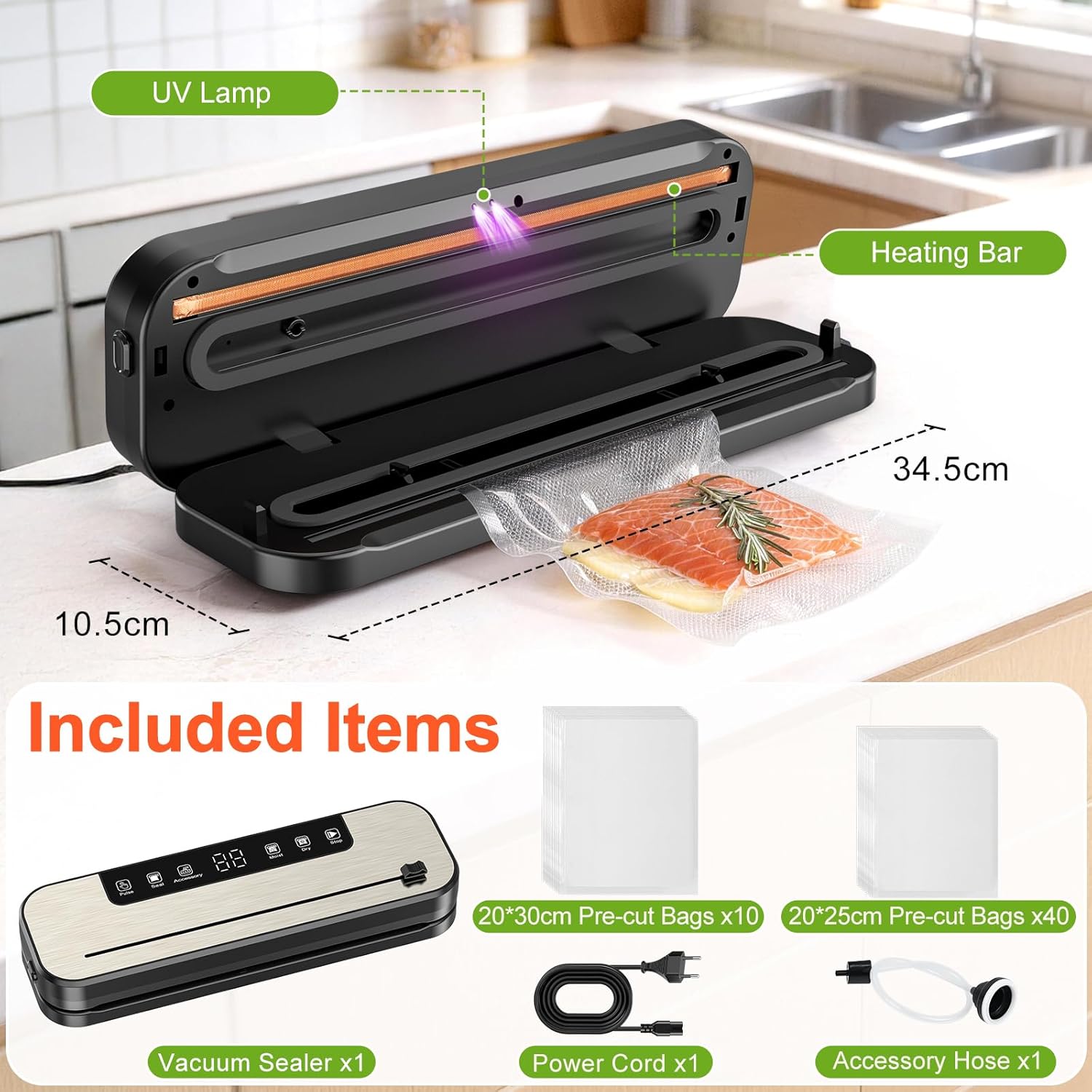 SHINER - Machine Sous Vide 6 en 1, 30cm, UV, Sec/Humide, 50 sacs