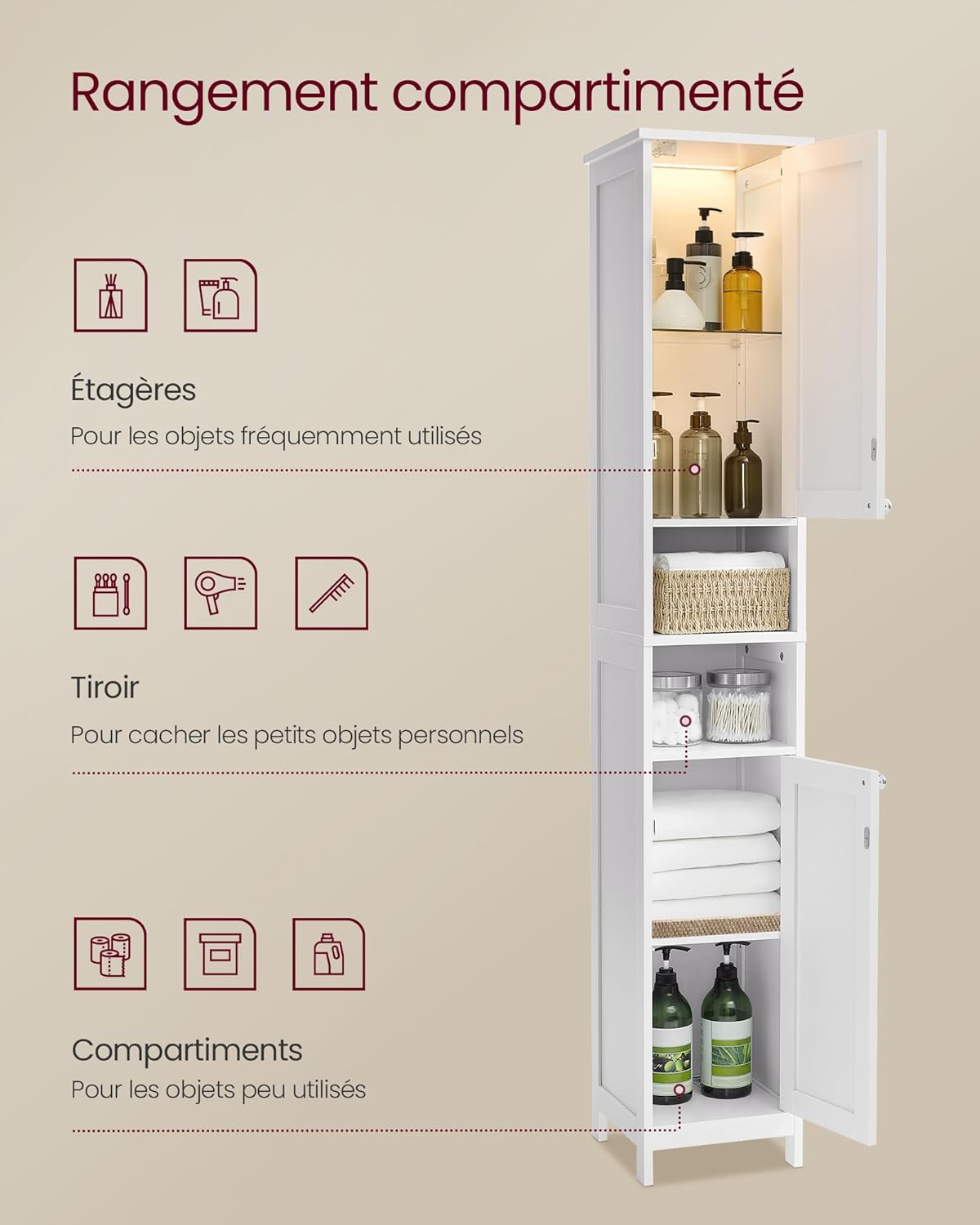 VASAGLE - armoire salle de bain haute, blanche, étagères réglables, éclairage, BBC566W03