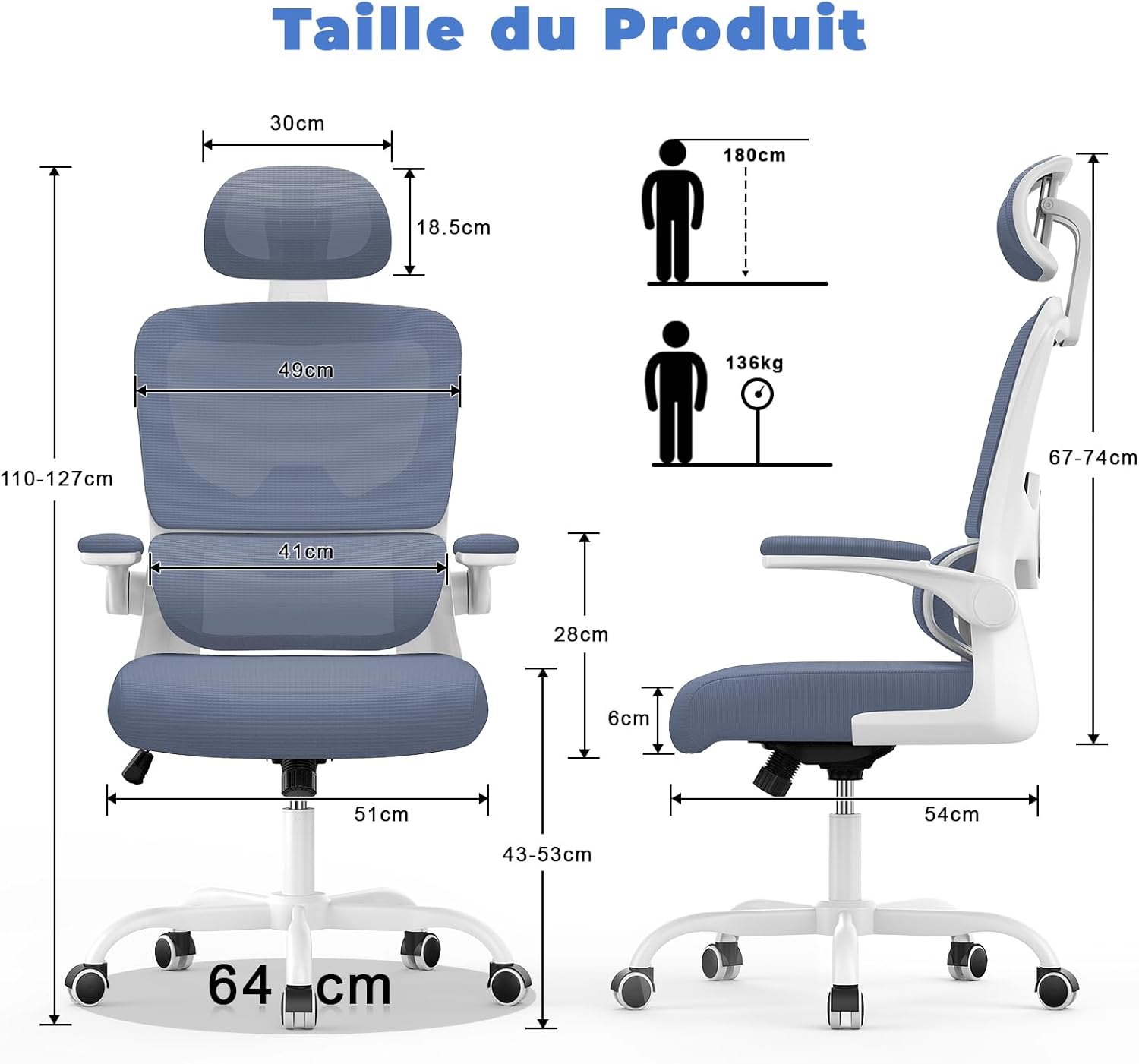 Chaise de bureau ergonomique - dossier/appui-tête réglables - support lombaire, accoudoirs réversibles, maille respirant
