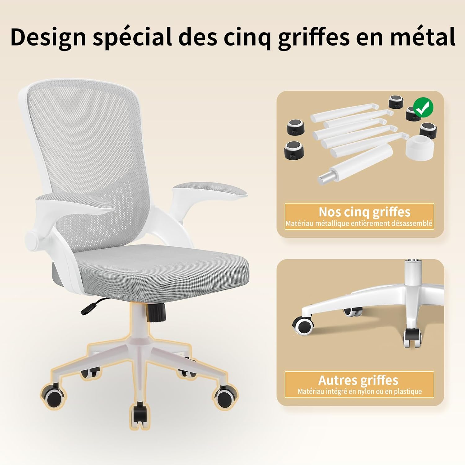 naspaluro - chaise de bureau ergonomique, accoudoirs réversibles, maille respirante, hauteur réglable, soutien lombaire