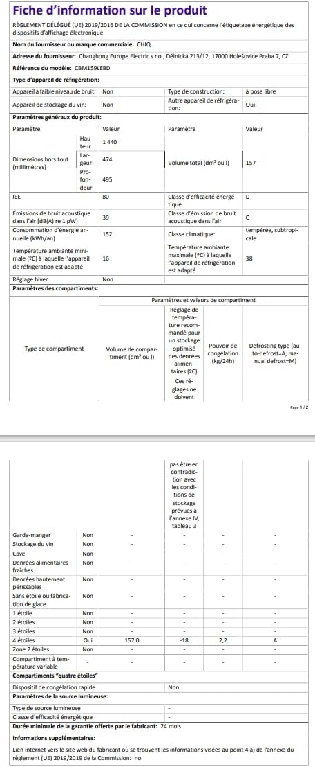 CHIQ - CBM159LEBD - 157L bas - low frost, silencieux, compact CBM159LEBD