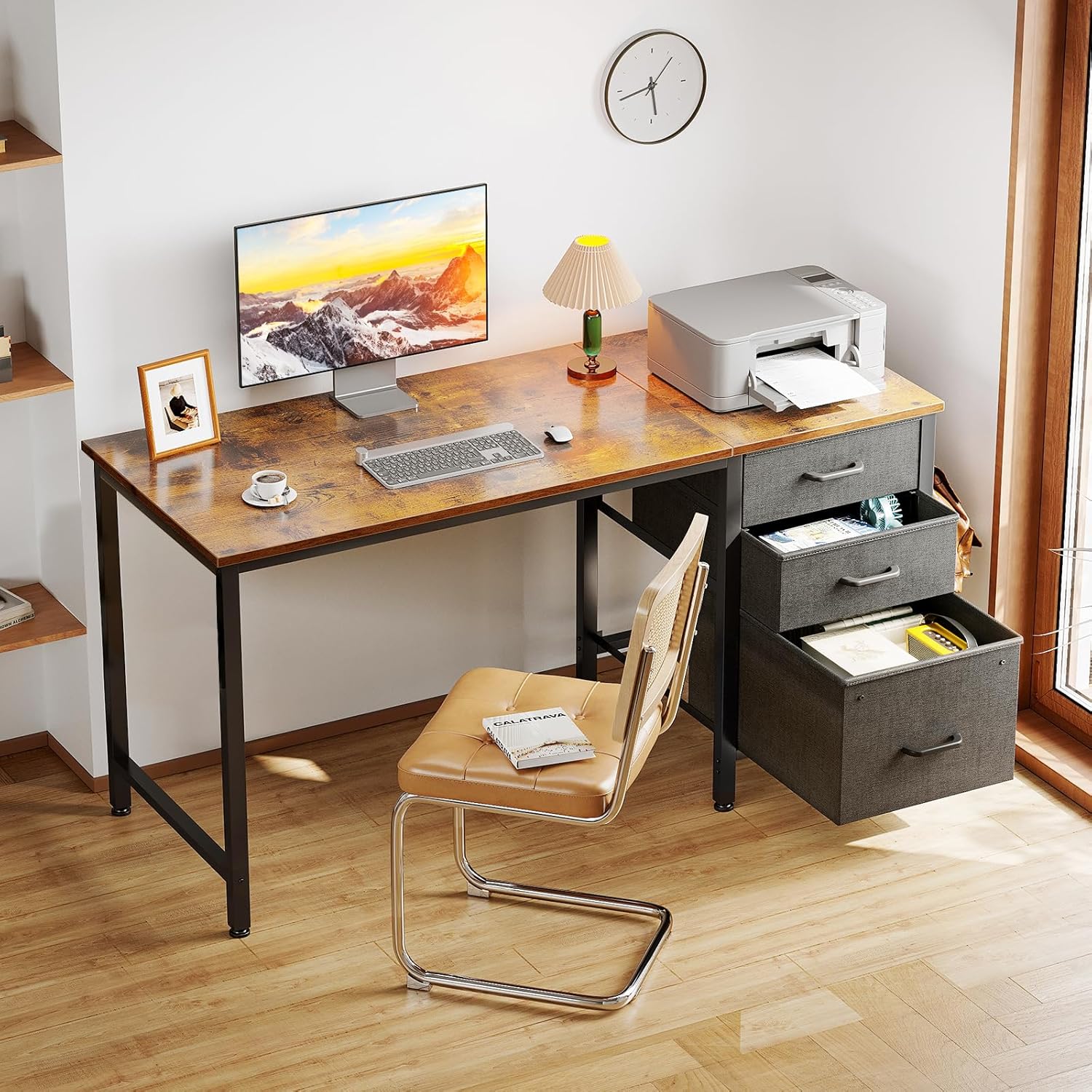 Coleshome - Bureau 3 tiroirs tissu - 120x48cm - réversible, porte-casque