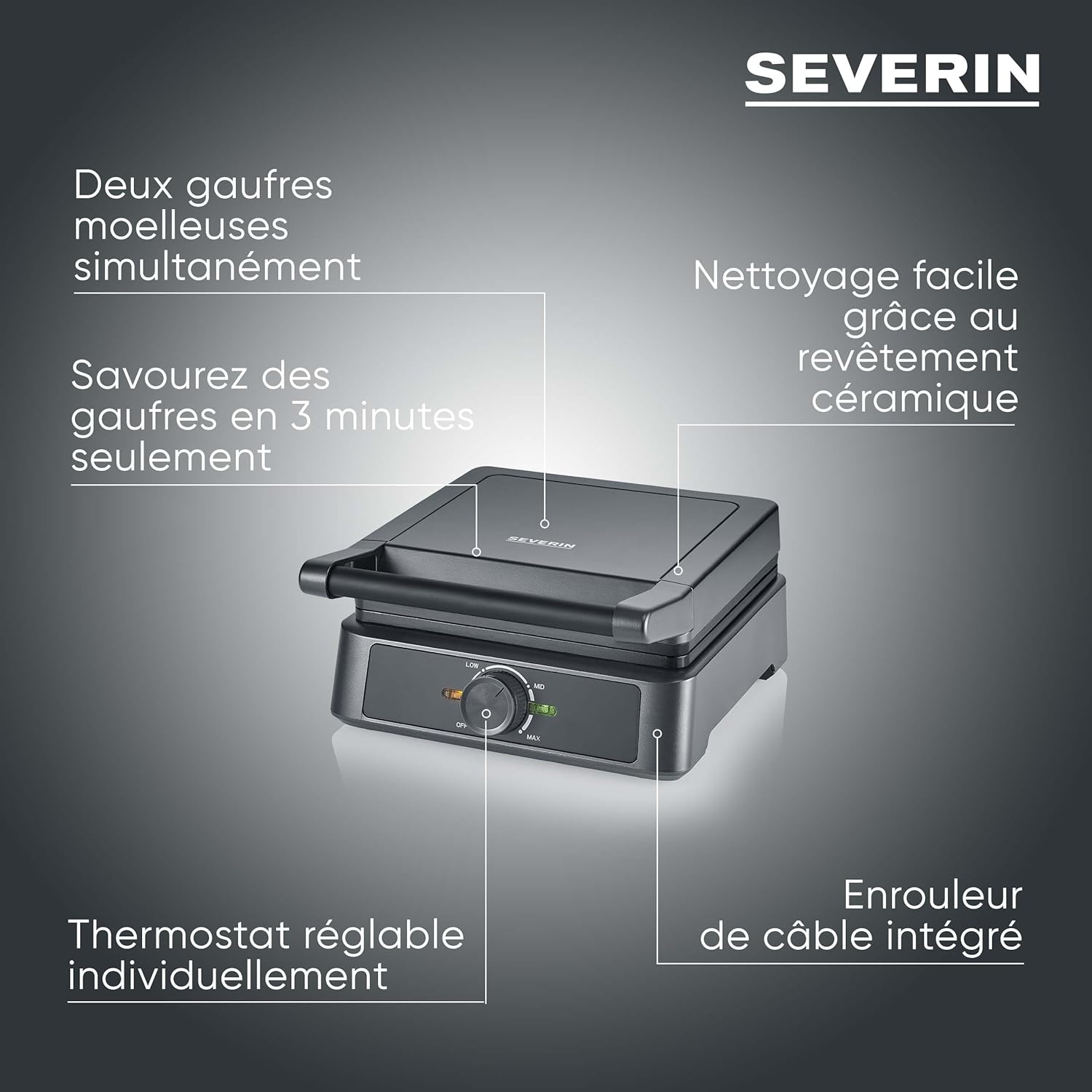 SEVERIN - Gaufrier compact 1600W, antiadhésif, sans PFAS, moelleux-croustillant, WA 2130