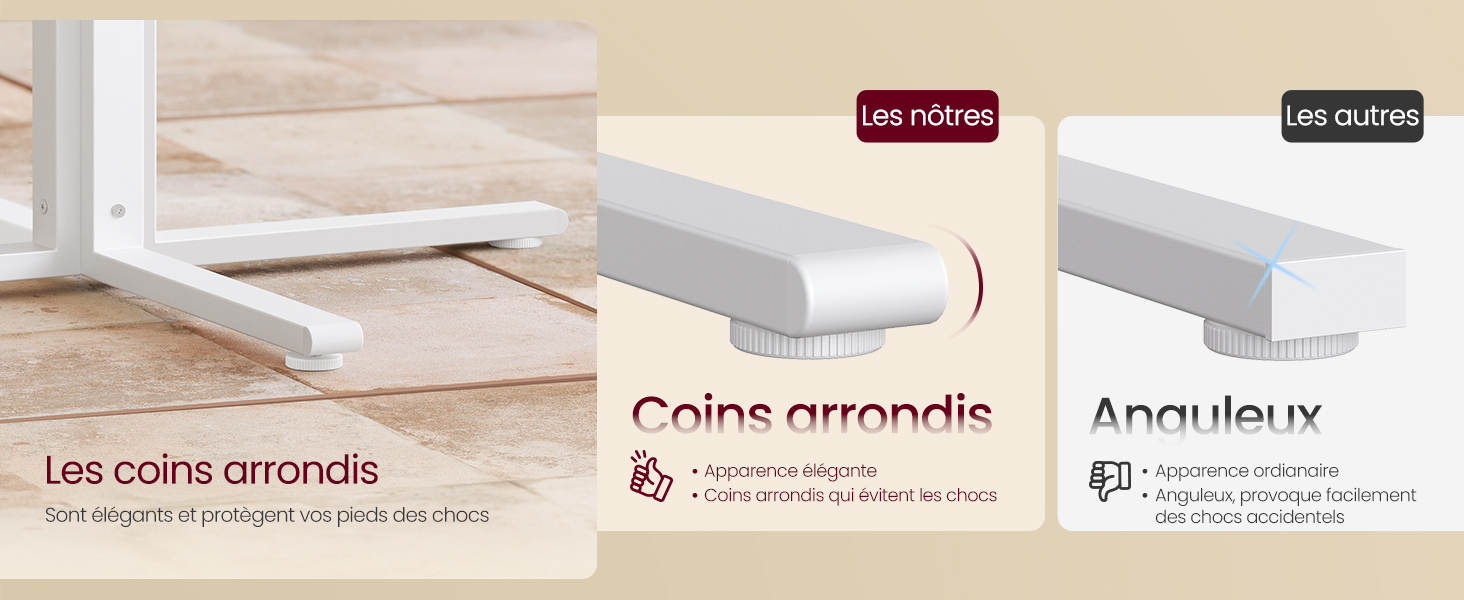 Comparaison des coins arrondis et angulaires pour les meubles ou les accessoires. L'image de gauche montre le coin arrondi installé. Les panneaux de droite illustrent les différences entre les motifs arrondis (« Les nôtres ») et angulaires («