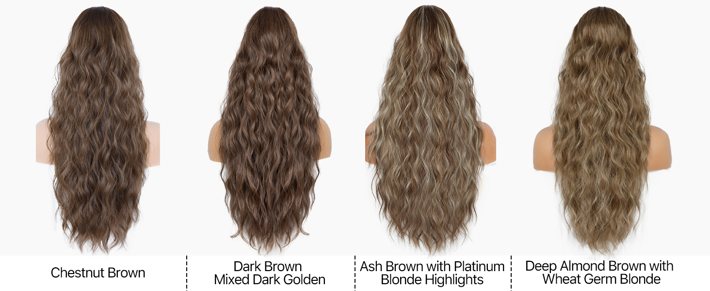 Quatre images côte à côte montrant de longs cheveux ondulés dans différentes nuances de brun, du marron au brun cendré, illustrant