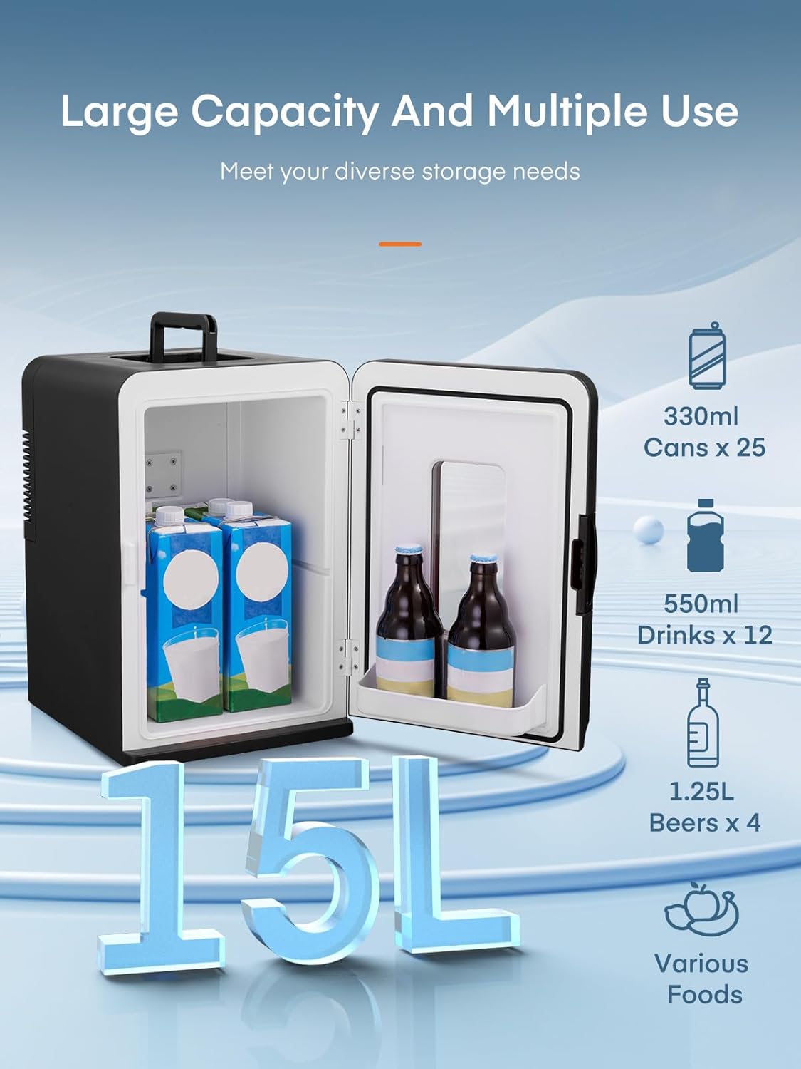 FOHERE - Mini frigo 15L compact, chaud/froid, 21 canettes, silencieux