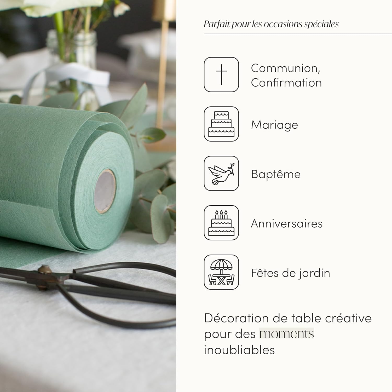 100%Mosel - Chemin de table, vert eucalyptus - 30x2500cm - non-tissé décoratif pour fêtes