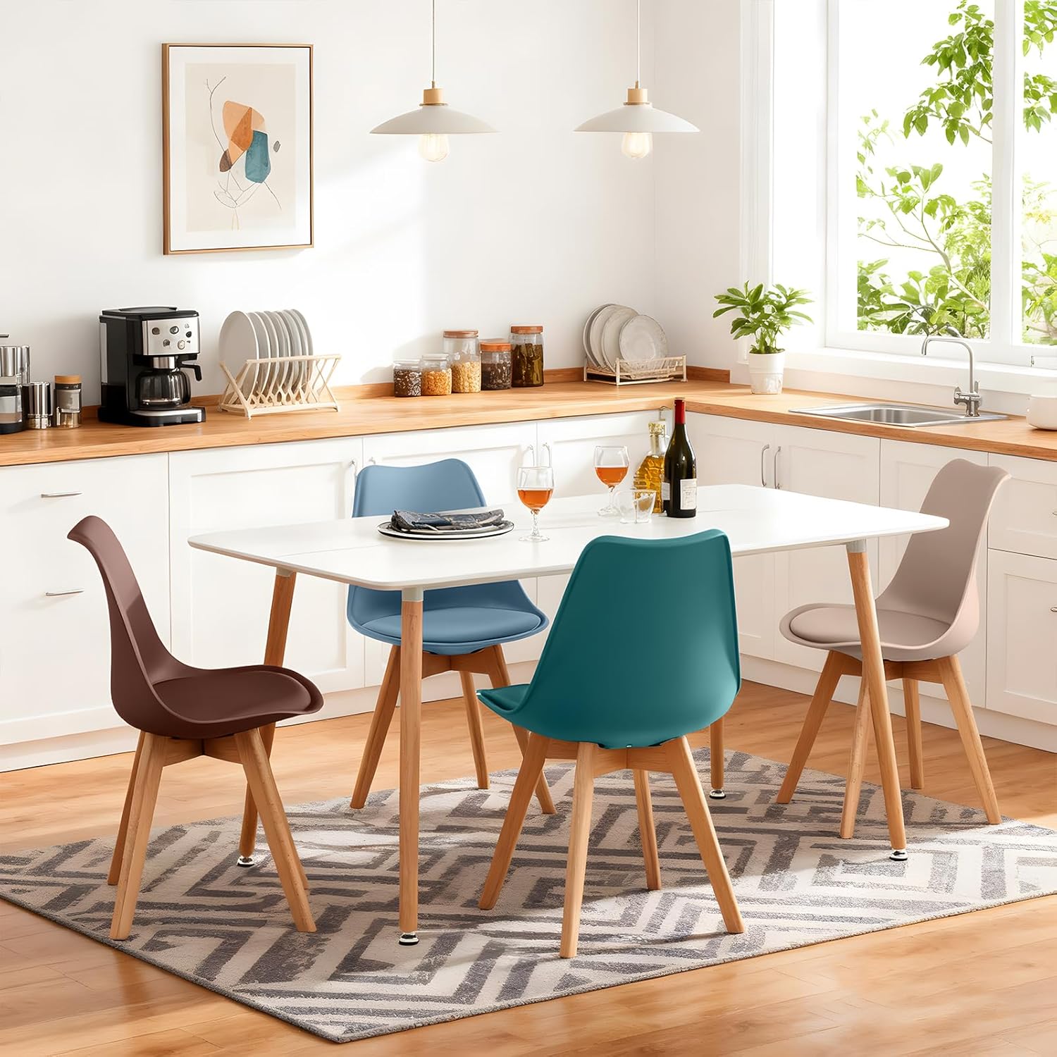 EGGREE - Lot de 4 chaises scandinaves, bois hêtre, assise rembourrée, coloris Morandi, design rétro