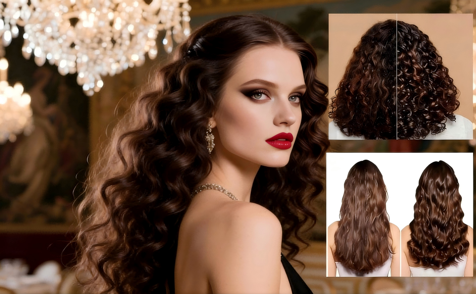 Compilation d'images de coiffure montrant des coiffures longues et ondulées. Plusieurs panneaux présentent différents points de vue et styles de cheveux bouclés.