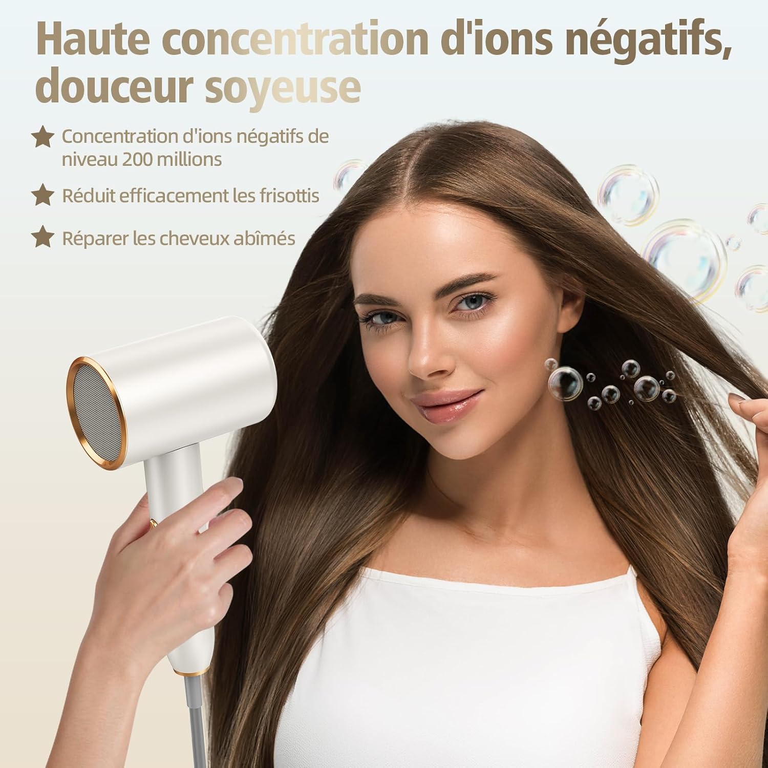 Sèche-cheveux - 2400W ionique léger - 3 températures, 2 vitesses, diffuseur, concentrateur