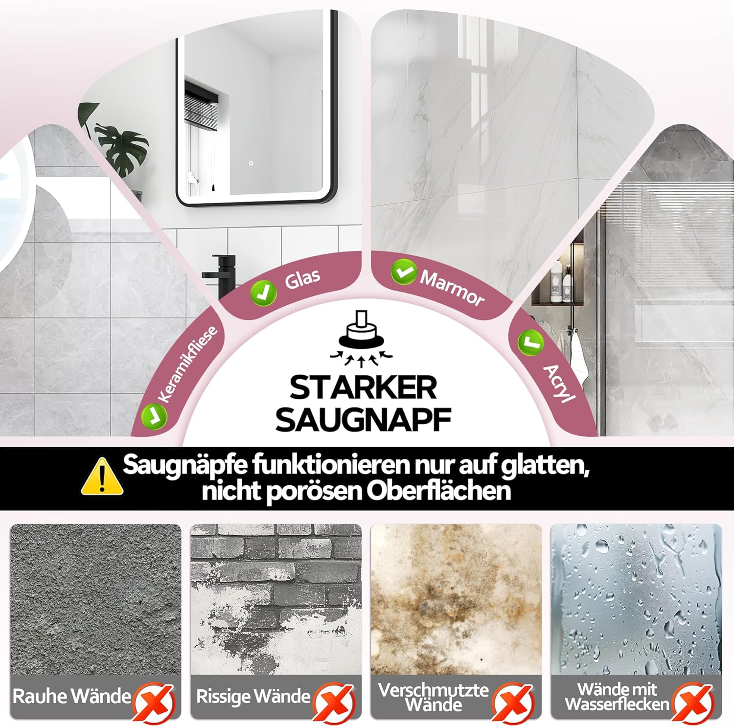 Miroir grossissant - 30x, ventouse, éclairage LED, intensité variable, noir