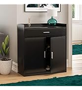 Centre de divertissement ou meuble TV noir présenté sous plusieurs angles, avec des tiroirs et des compartiments ouverts.