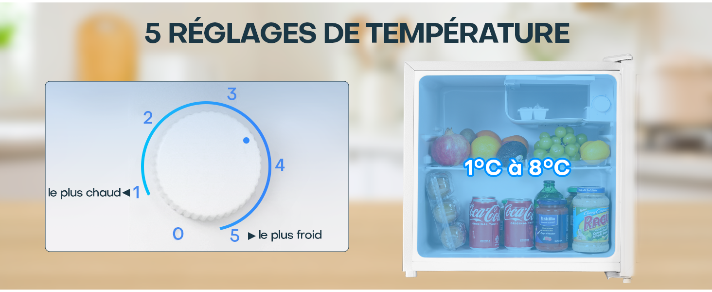 pour un réfrigérateur, affichant 5 réglages de température et une image de l'intérieur du réfrigérateur.