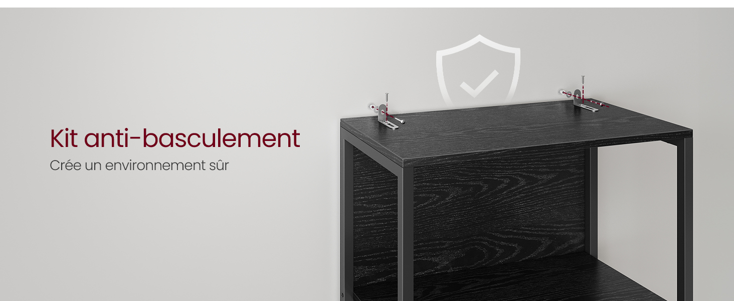 Meuble en forme de cube texturé noir avec supports métalliques dans les coins supérieurs. Le texte « Kit anti-basculement » suggère qu'il s'agit d'un kit anti-basculement pour la stabilité des meubles