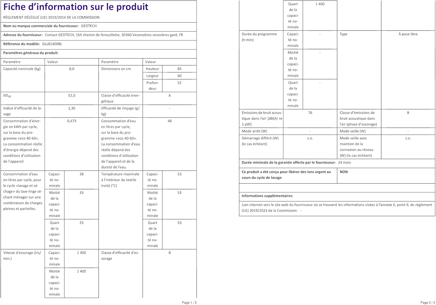 GEDTECH - Lave-linge frontal 8kg, 1400tr/min, 16 programmes, GLL81400BL
