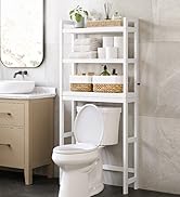 positionnée au-dessus des toilettes, avec plusieurs niveaux pour organiser les articles de toilette et les objets de décoration.