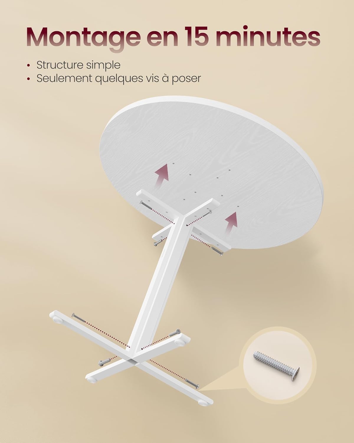 VASAGLE - Table ronde style campagnard, 80x74,8cm, résistante à l'eau, KDT082W01