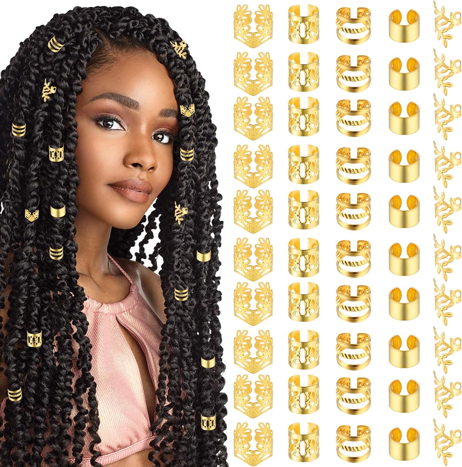 Bijoux cheveux - lot de 50 pièces dorées - accessoires tresse dreadlocks