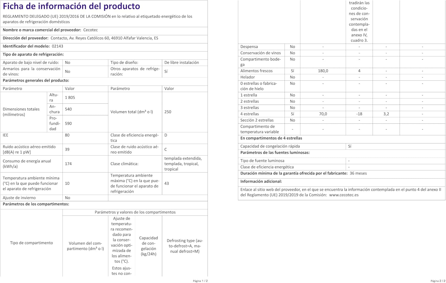 Cecotec - Bolero CoolMarket Combi 250 - 250L - No Frost, Inverter, porte réversible, alarme de porte