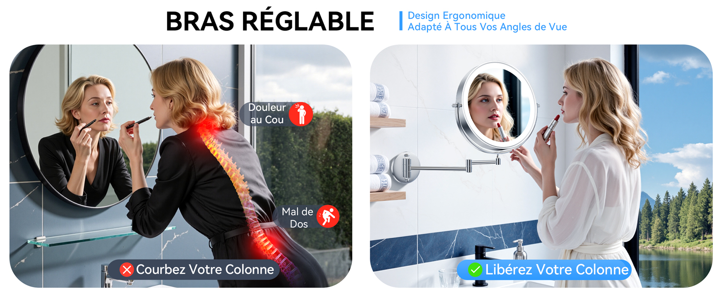 Le texte indique « BRAS RÉGLABLE ». Image divisée montrant des démonstrations de miroirs de salle de bain réglables avec superposition de texte et commandes visibles dans les deux panneaux.