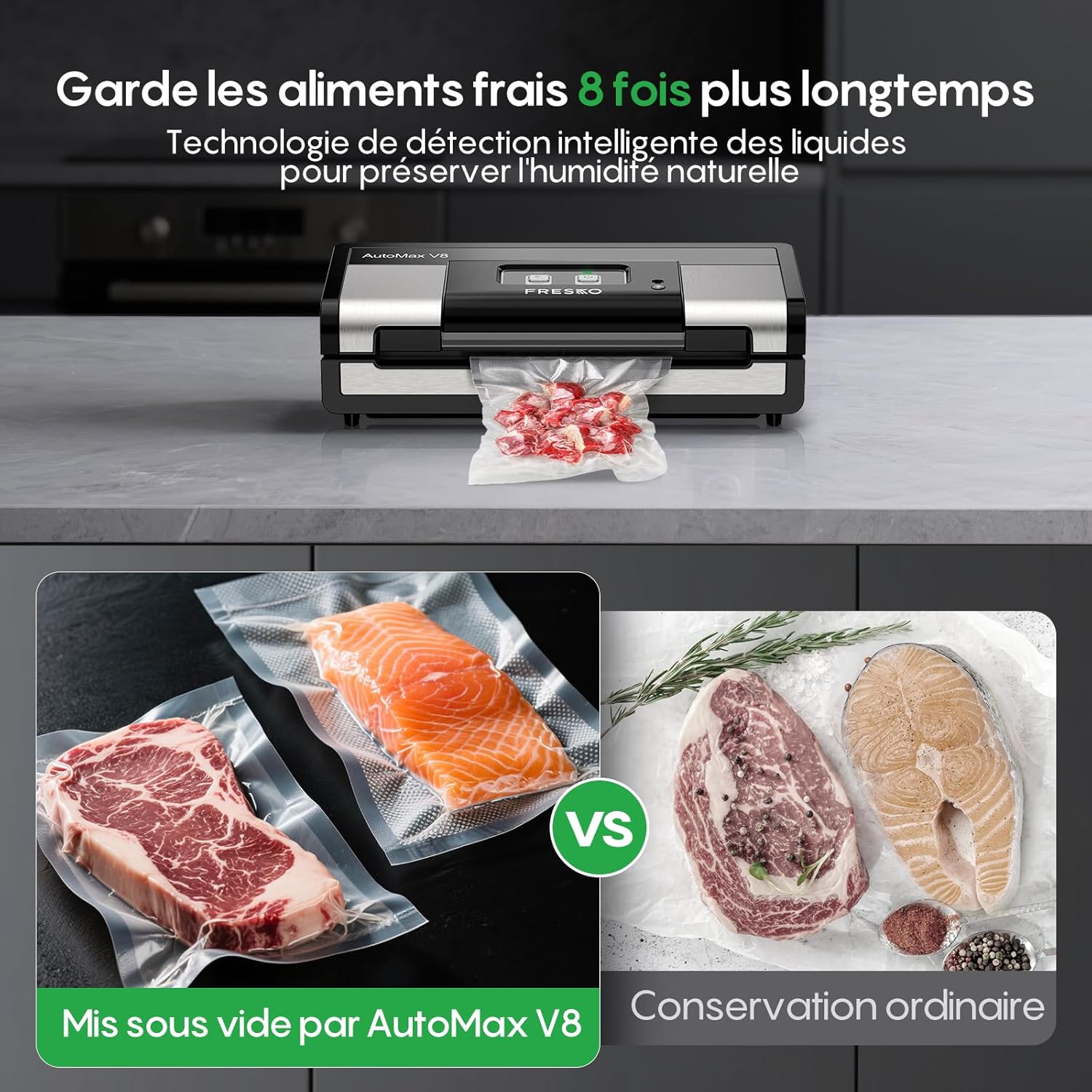 FRESKO - Machine Sous Vide AutoMax - compacte - 140W, détection sec/humide, coupeur intégré, 2 rouleaux, AutoMax V8