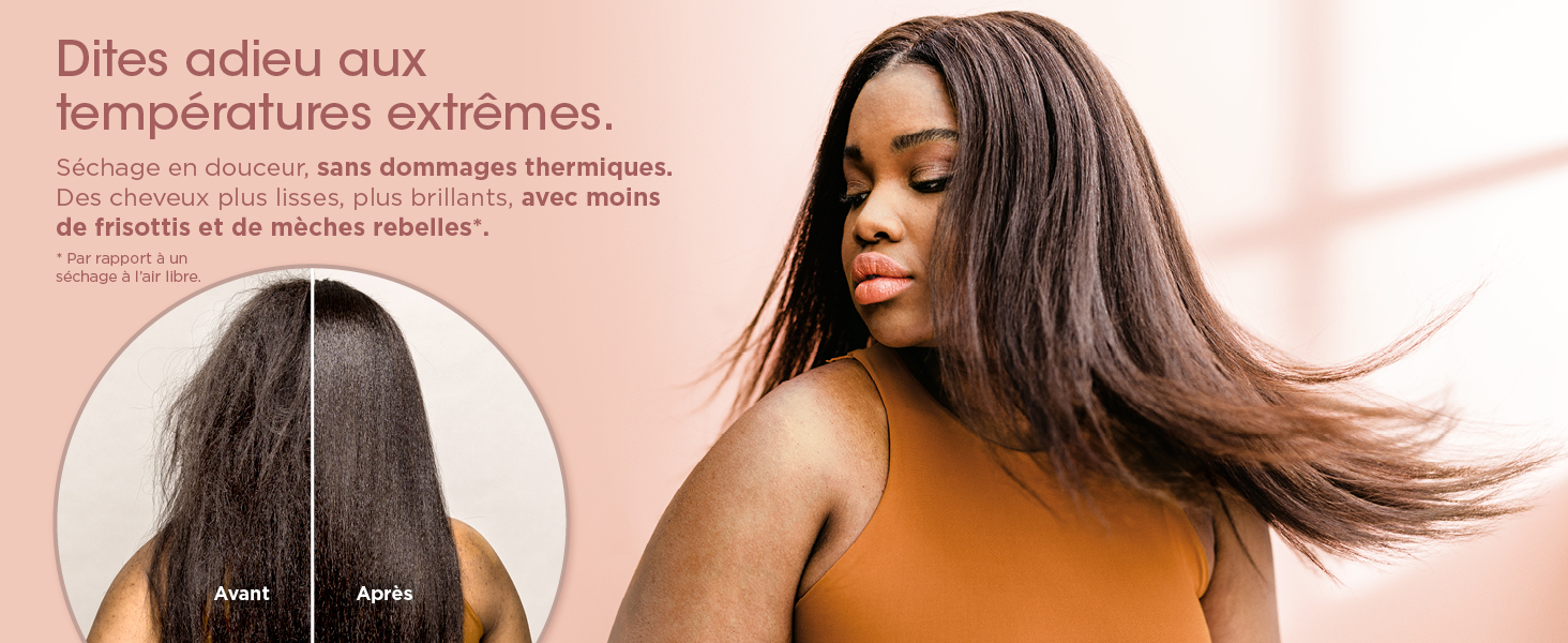 Le texte se lit comme suit : « Dites adieu aux températures extrêmes ». Démonstration du produit montrant la transformation des cheveux avec comparaison avant/après.