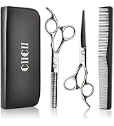 Kit de coiffure professionnel comprenant un étui portefeuille noir contenant divers outils, notamment des ciseaux, des peignes et des outils de coupe, disposés selon des vues séquentielles.