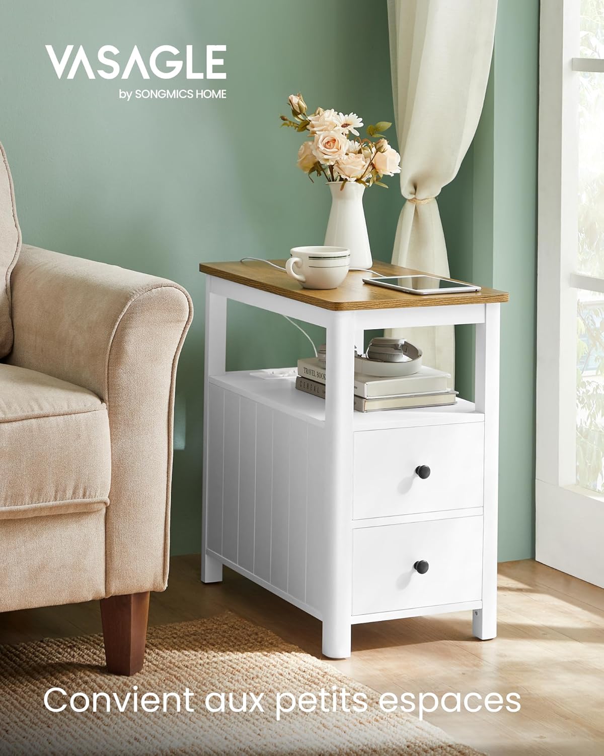 VASAGLE - Table d’appoint série LET - 2 tiroirs, multiprise, rangement compact - LET327W14