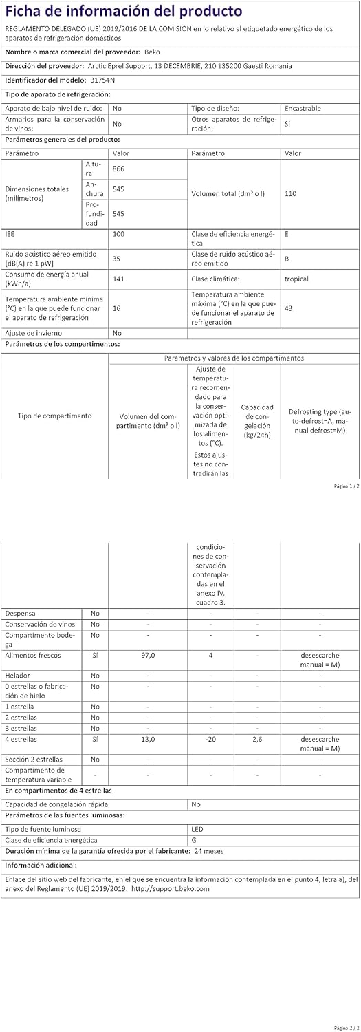 Beko - B1754N - 88 cm - intégrable, freezing 4*, silencieux, 35 dB