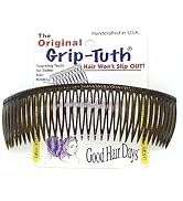 Texte : « The Original Grip-Tuth » « Fabriqué à la main aux États-Unis » « Good Hair Days ». Grand peigne à cheveux à dents multiples de couleur marron écaille de tortue.