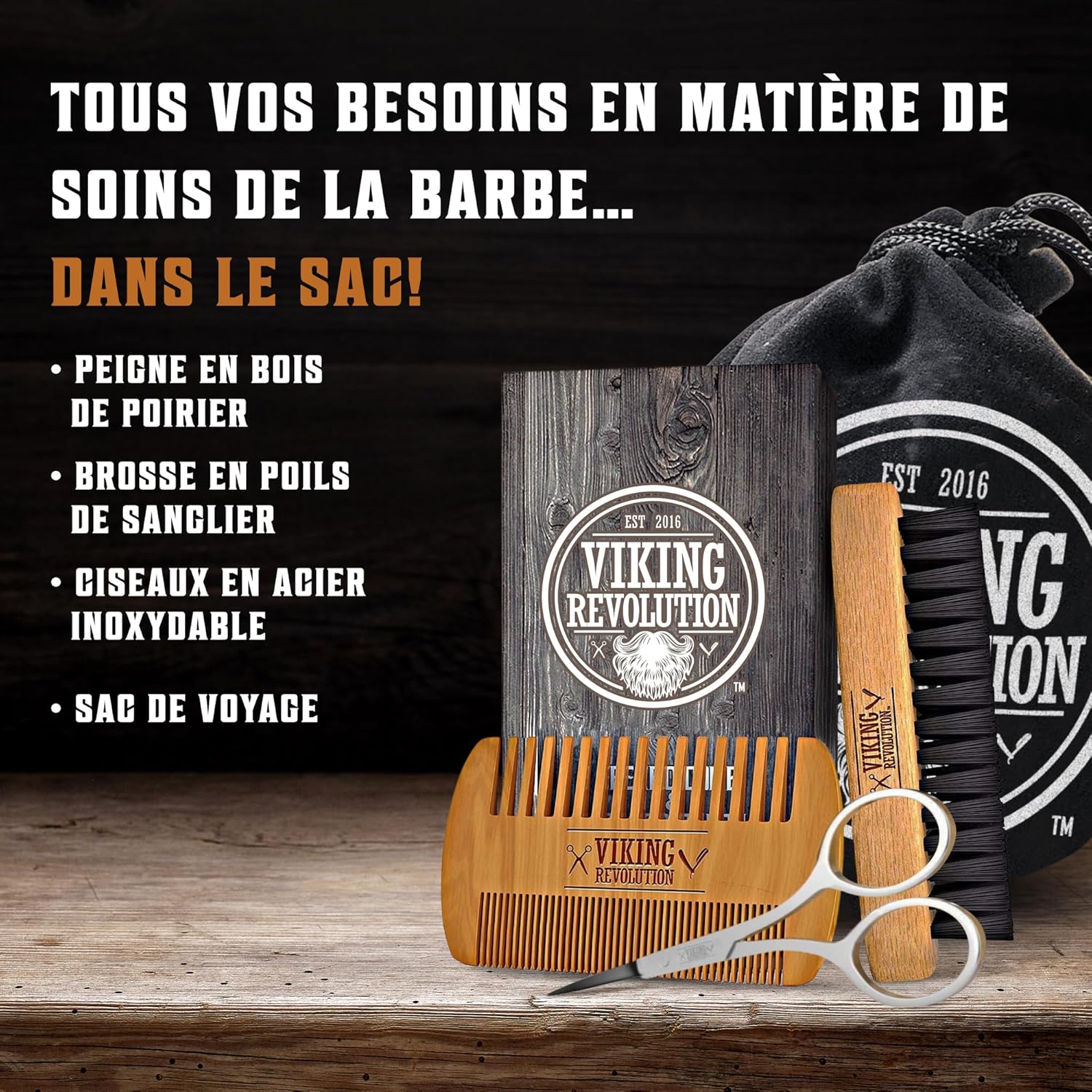 Viking - Brosse à barbe série naturelle - poils sanglier, peigne bois, pochette velours