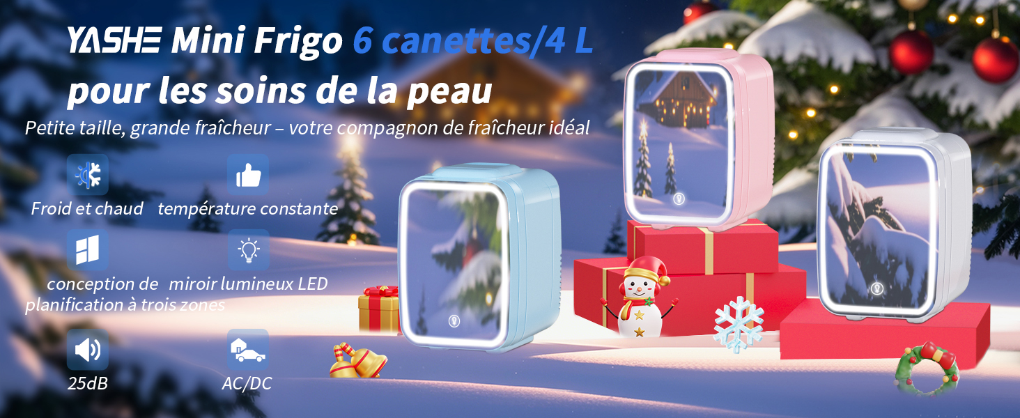 sur les produits de soins de la peau Yaske Mini Frigo avec des images de produits teintées en bleu et des graphismes sur le