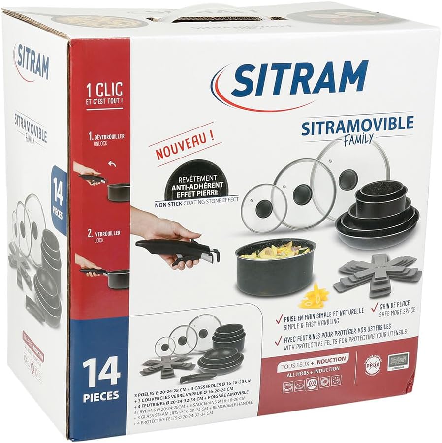 Sitram - Batterie cuisine aluminium 14 pièces, 3 poêles, 3 casseroles, couvercles, manche amovible, feutrines - 713500