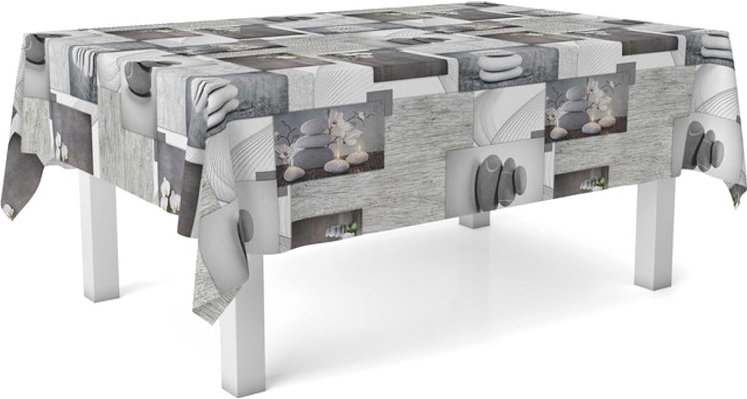 Nappe en toile cirée rectangulaire - Zen Pierres - 140x140 cm - anti-taches, imperméable, facile d'entretien