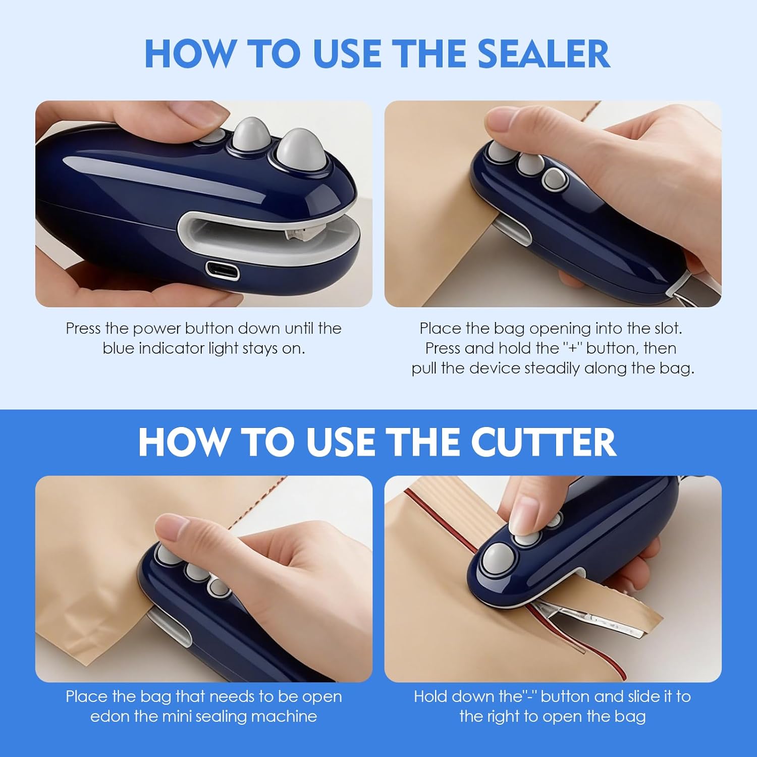 Mini scelleuse de sacs - portable, rechargeable, cutter, aimant, 10x4cm