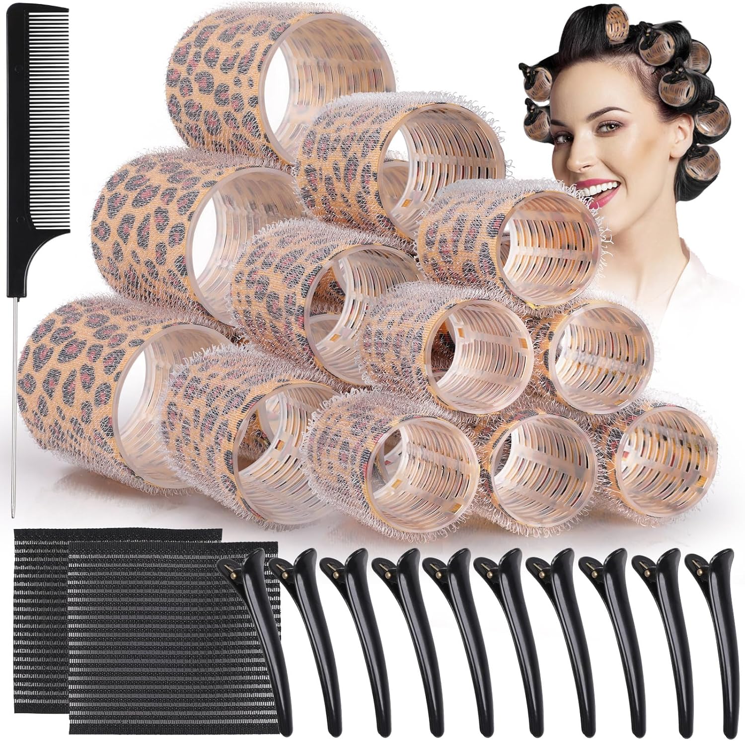 GeeRic - Bigoudis auto-agrippants, 33 pièces, sans chaleur, imprimé léopard, avec pinces et peigne, cheveux longs