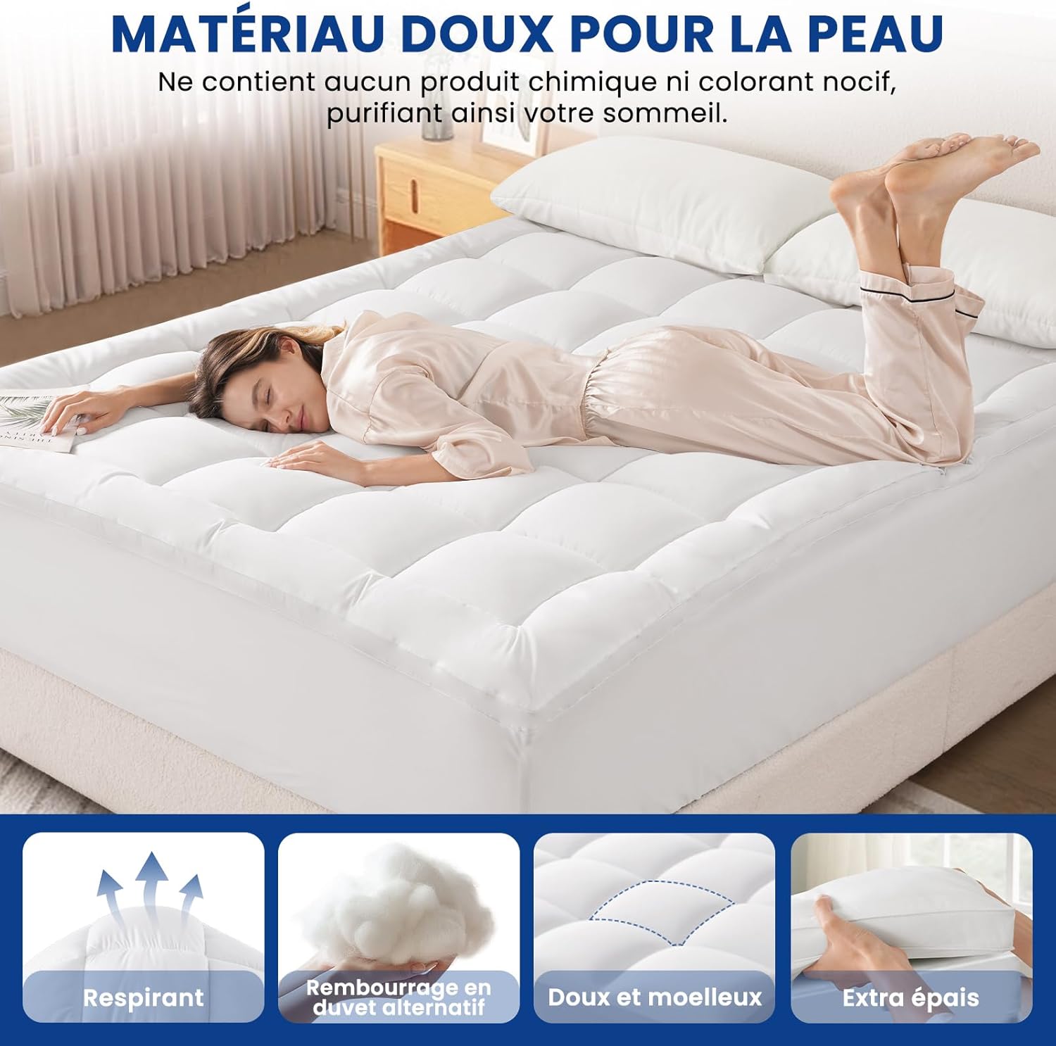 Surmatelas - Microfibre classique - 180x200 cm - Oeko-TEX®, épais, lavable, poche 25 cm