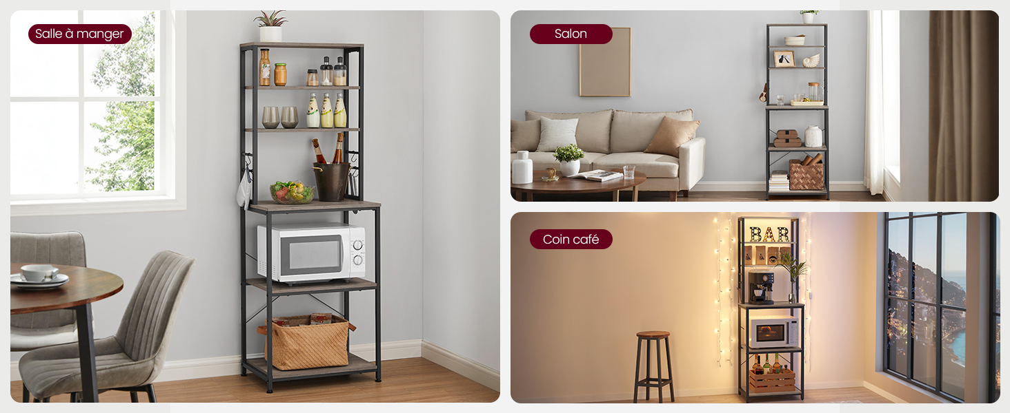 avec étagères pour micro-ondes, appareils électroménagers et articles de garde-manger. Présenté dans différents paramètres de pièce avec différentes options de style.