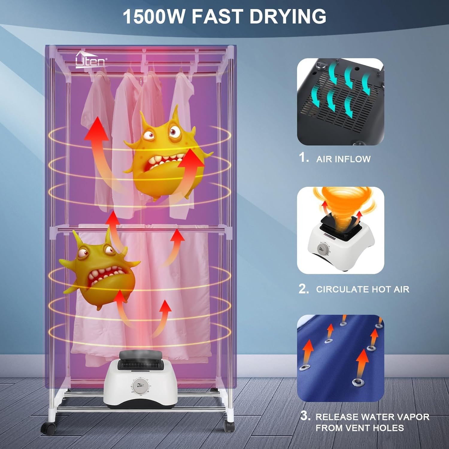 Sèche-linge portable double couche, 1500W, minuterie réglable, armoire