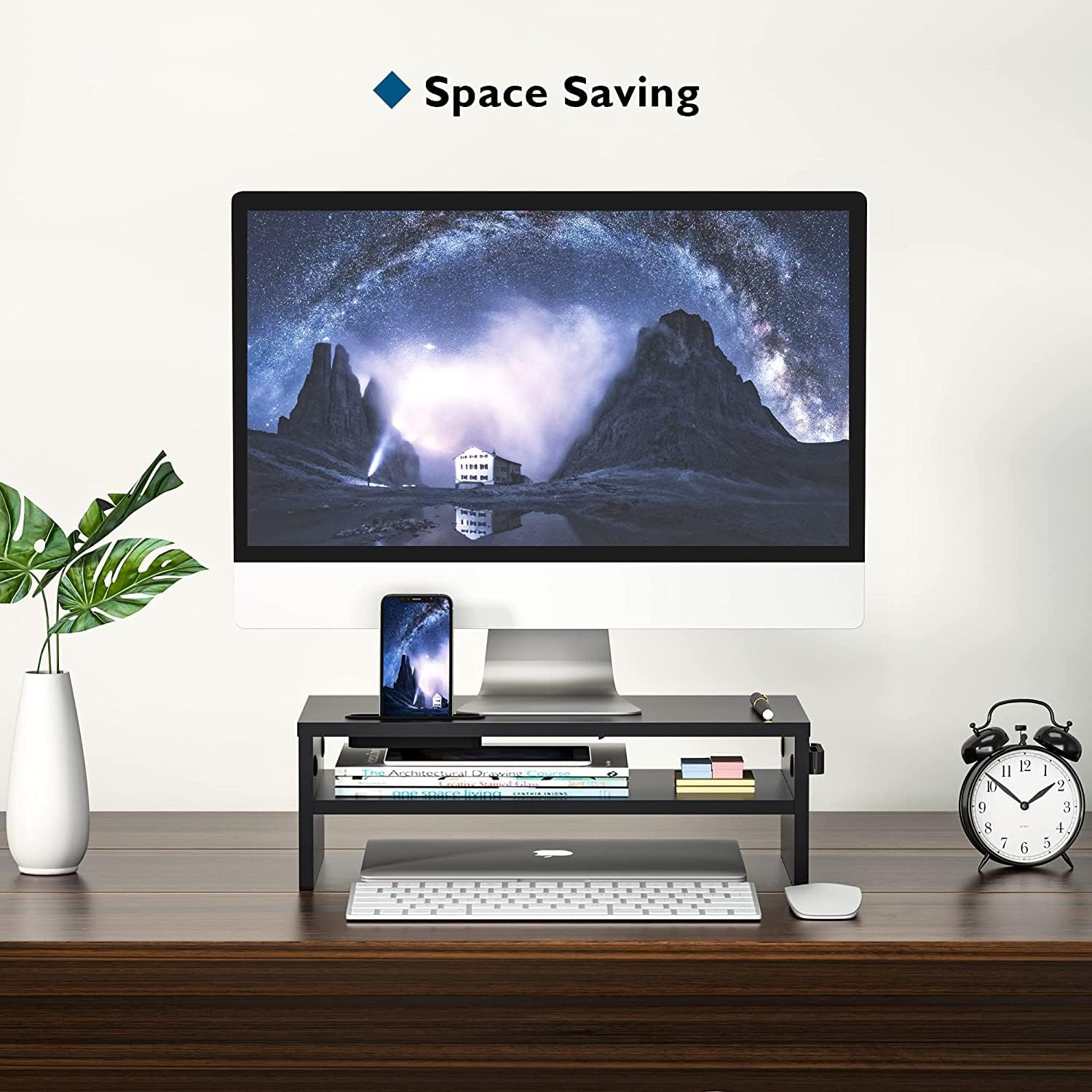 BONTEC - support écran 2 étages bois noir - 420mm - rangement optimal