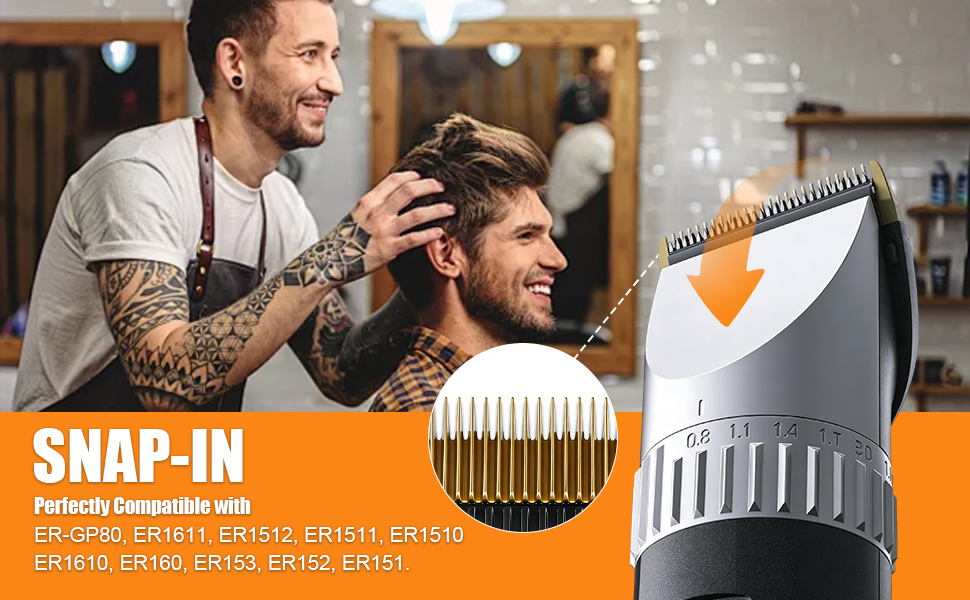 Le texte se lit comme suit : « SNAP-IN ». Image fractionnée montrant la fixation d'une tondeuse à cheveux avec une vue détaillée du mécanisme d'encliquetage indiqué par une flèche orange.