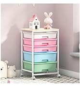 SYKIARIOL Chariot de rangement sur roues, chariot à roulettes avec 5 tiroirs, chariot polyvalent avec table en bois...