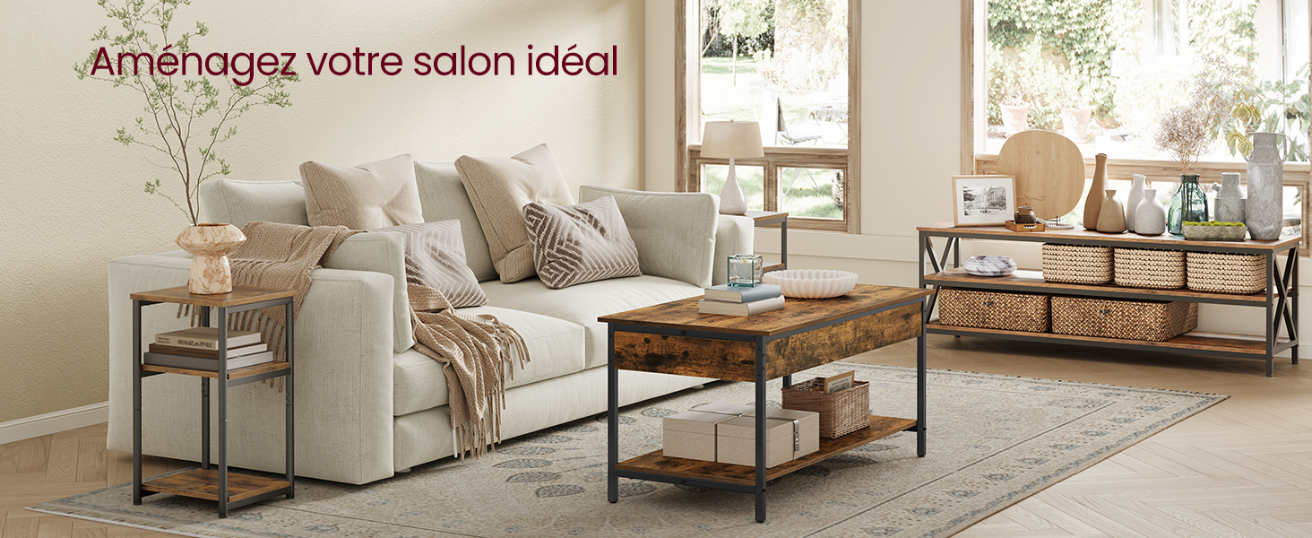 Le texte se lit comme suit : « Aménagez votre salon idéal ». Ensemble de meubles de salon comprenant des canapés de couleur crème avec des tables basses en bois et en métal dans un espace lumineux et moderne.