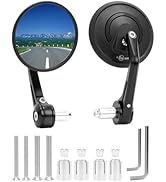 Ensemble de deux rétroviseurs ronds pour moto avec matériel de montage, comprenant un rétroviseur teinté bleu et un rétroviseur noir, illustrés avec des boulons d'installation et des adaptateurs.