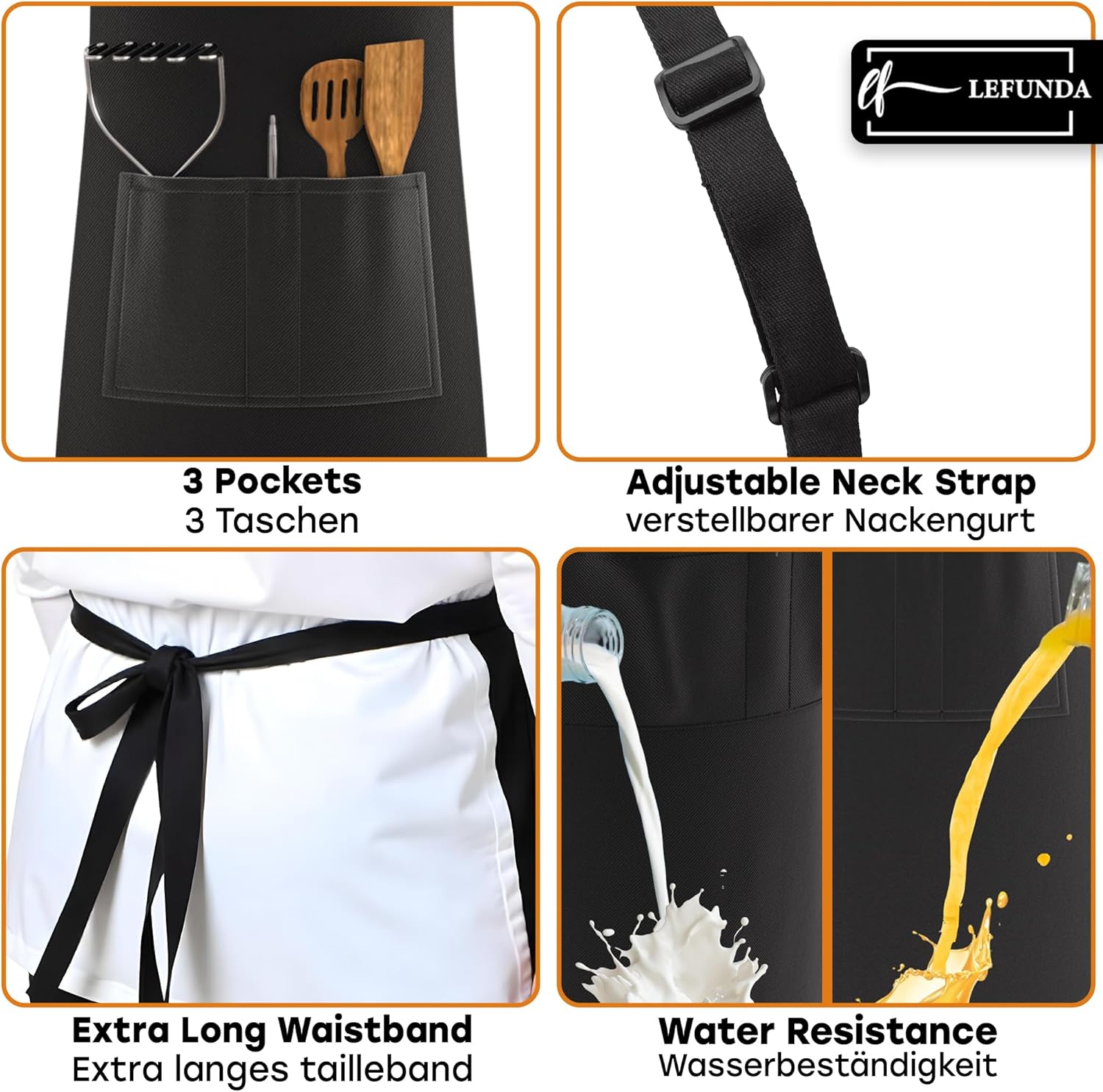 LEFUNDA - Tablier cuisine ajustable, 3 poches, étanche, longues lanières