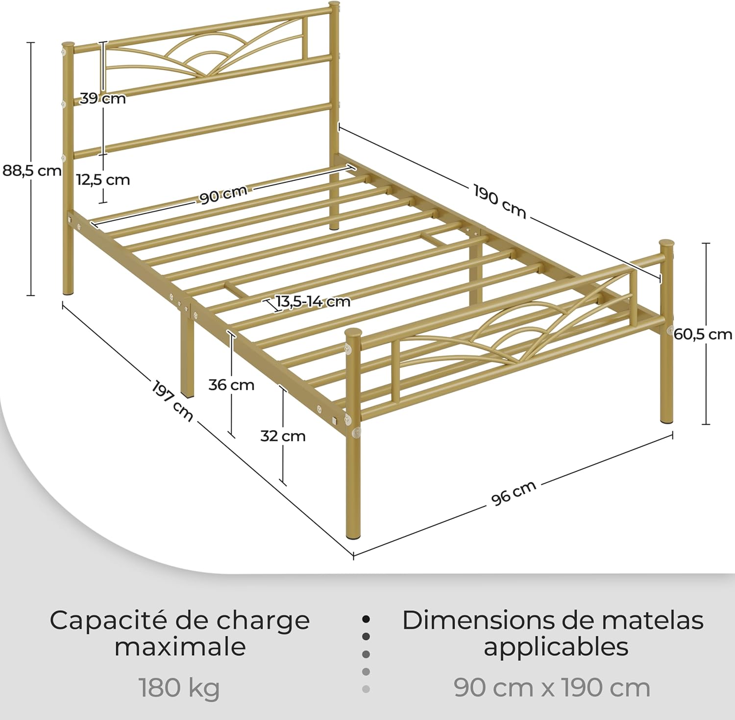 Yaheetech - lit simple métal - 90x190cm - cadre compact or antique