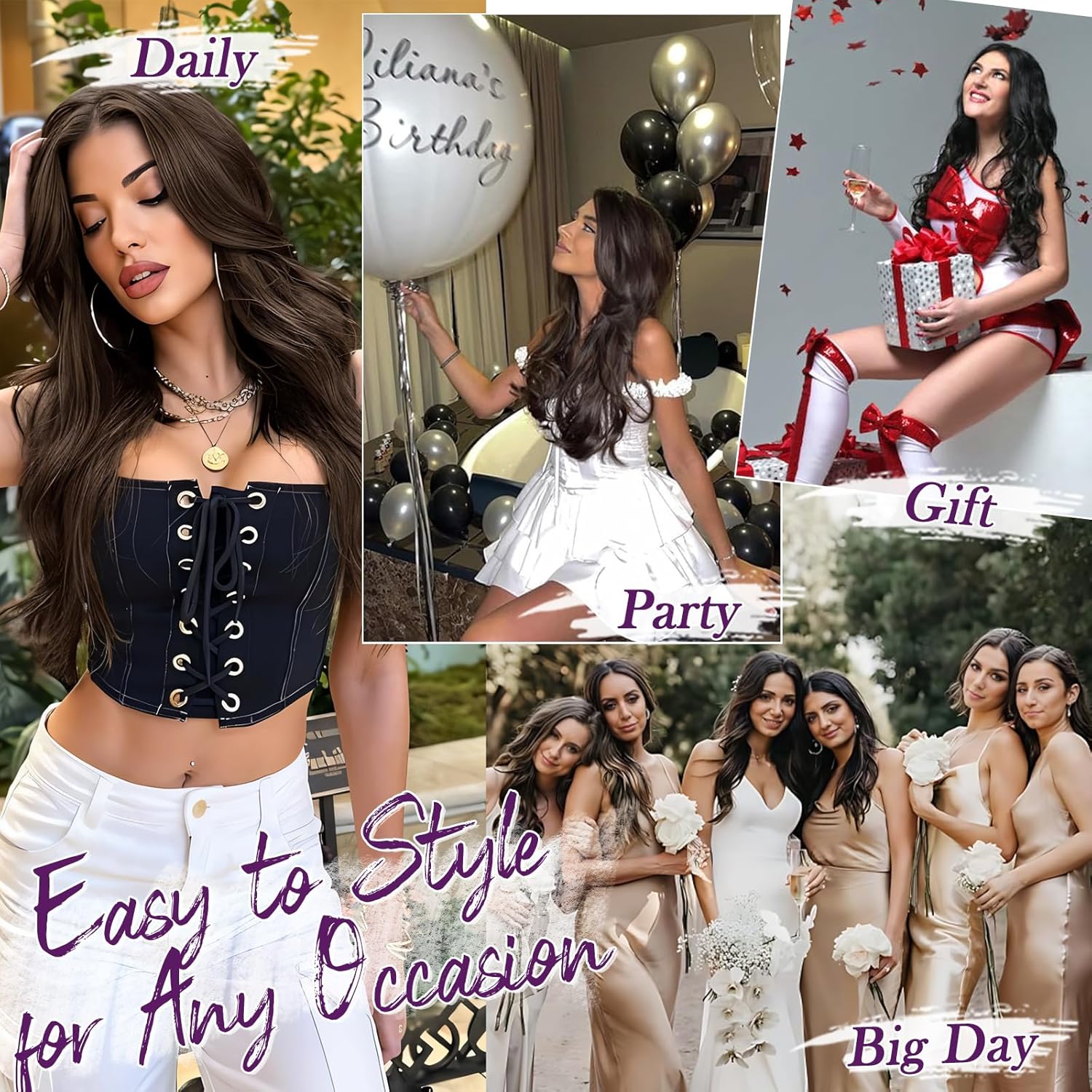 BARSDAR - Extensions à clips ondulées 50cm - synthétiques brun foncé