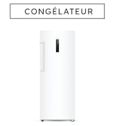 Le texte indique « CONGÉLATEUR ». Grand congélateur vertical blanc avec porte simple et poignée verticale.