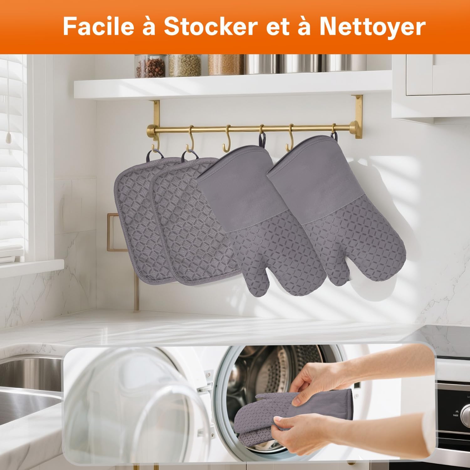 MILcea - gants de cuisine série lot de 4 - 32cm - silicone antidérapant, coton doux, résistance 300°C